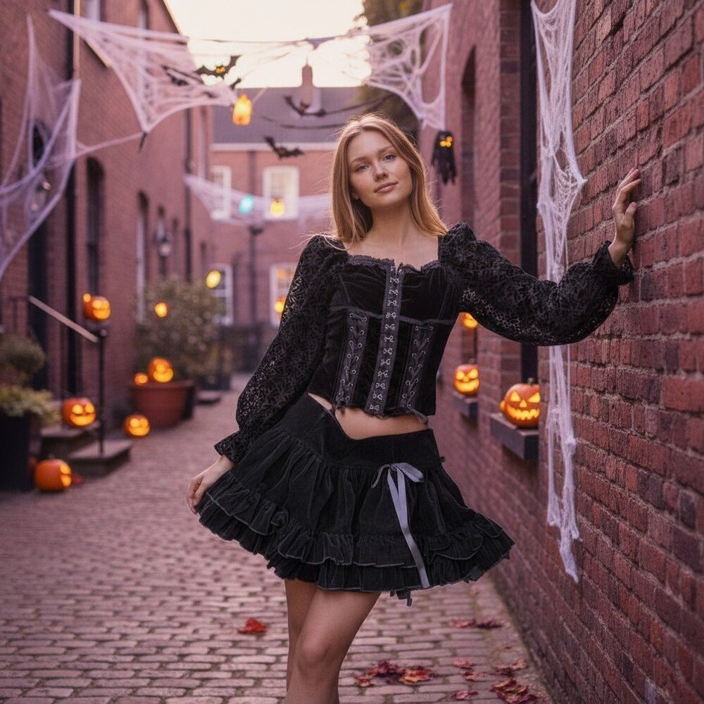 Black Gothic Ruffle Mini Skirt and Corset Top